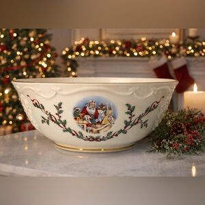 Lenox Victorian Santa Bowl 1994 Ivory China 10” Gold Trim Christmas Serving USA